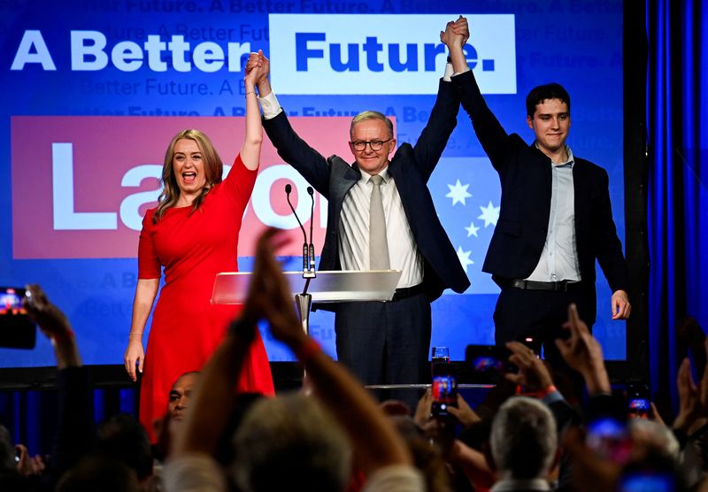 &copy; Reuters. 　５月２１日に投開票されたオーストラリアの総選挙は中道左派の野党・労働党の勝利が確実となり、９年ぶりに政権交代する見通しになった。同党のアルバニージー党首（写真中央）が与