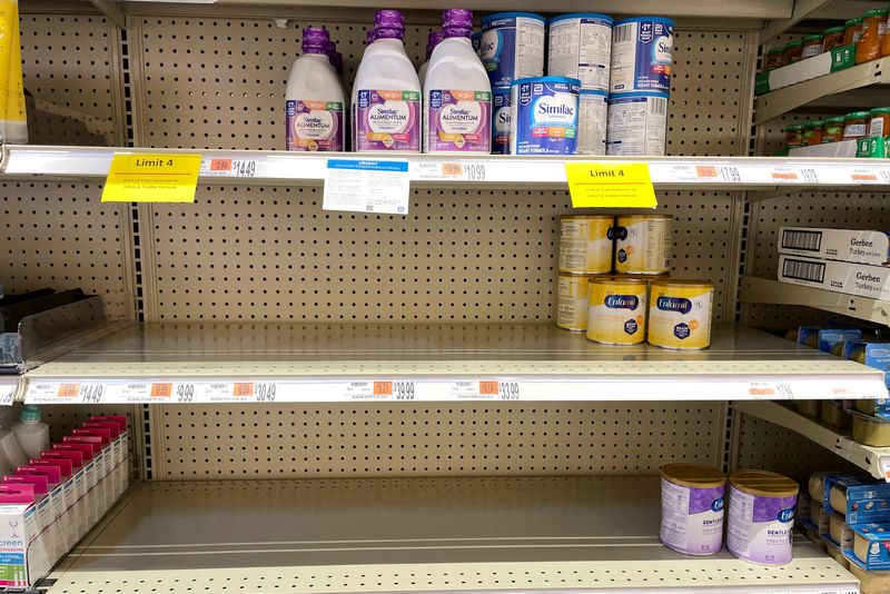 © Reuters. FILE PHOTO: Shelves for baby and toddler formula are partially empty, as the quantity a shopper can buy is limited amid continuing U.S. shortages, at a grocery store in Medford, Massachusetts, U.S., May 17, 2022.   REUTERS/Brian Snyder/File Photo