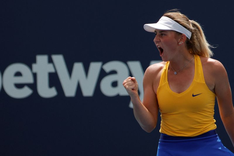 &copy; Reuters. FILE PHOTO: Mar 22, 2022; Miami Gardens, FL, USA; Marta Kostyuk of Ukraine reacts after winning a game against Alison van Uytvanck of Belgium (not pictured) in a first round women's singles match in the Miami Open at Hard Rock Stadium. Mandatory Credit: G