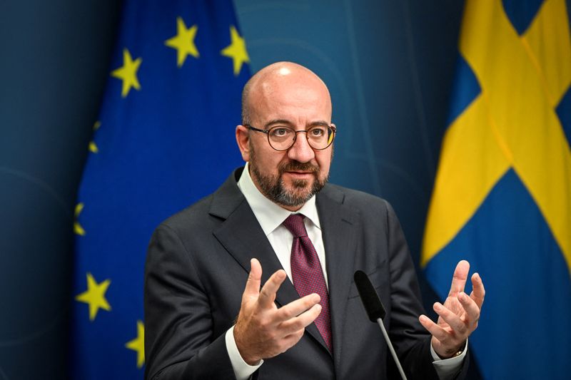 &copy; Reuters. Presidente do Conselho Europeu, Charles Michel, durante entrevista coletiva em Estocolmo
25/05/2022 TT News Agency/Fredrik Sandberg via REUTERS 