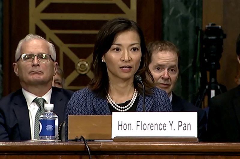 &copy; Reuters. FILE PHOTO: Florence Pan, nominated to to be a U. S. District Judge for the District of Columbia, testifies before a Senate Judiciary Committee nominations hearing, in this still image from video on Capitol Hill in Washington, U.S., July 14, 2021. Picture