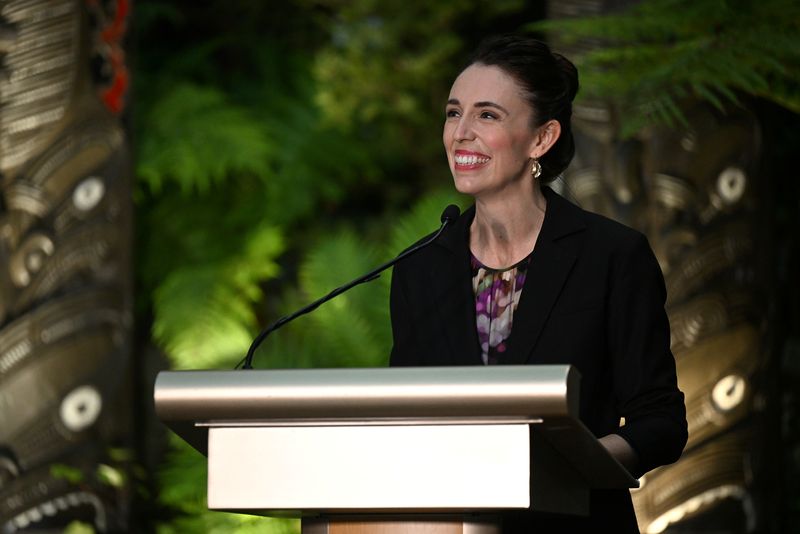 &copy; Reuters. FILE PHOTO: New Zealand's Prime Minister Jacinda Ardern speaks at the unveiling ceremony of a Kuwaha sculpture at Gardens by the Bay's Cloud Forest in Singapore April 19, 2022. REUTERS/Caroline Chia