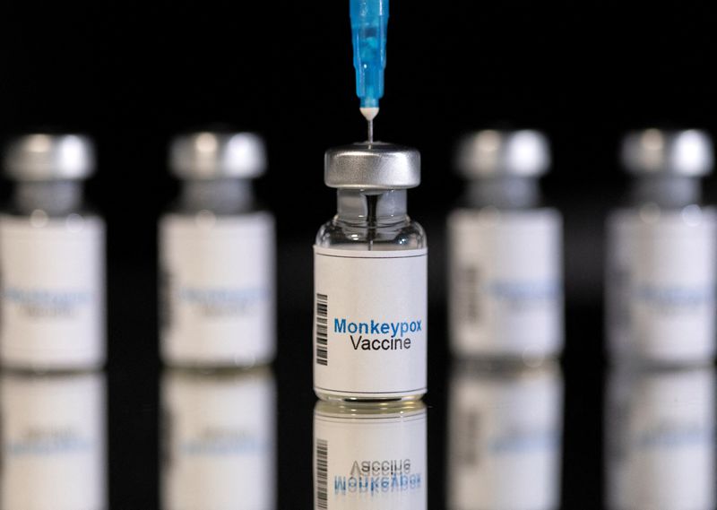 &copy; Reuters. FOTO DE ARCHIVO: Frascos con la etiqueta "vacuna contra la viruela del mono" y una jeringa médica en una ilustración tomada el 25 de mayo de 2022. REUTERS/Dado Ruvic