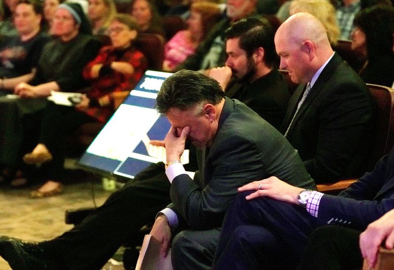 &copy; Reuters. FILE PHOTO: Former Columbine principal Frank DeAngelis cries as he is introduced at a Columbine 20th  anniversary remembrance service, held two days ahead of the anniversary of the school shooting, at Waterstone Community Church in Littleton, Colorado, U.