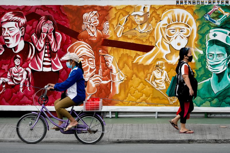 &copy; Reuters. FILE PHOTO: People wearing masks for protection against the coronavirus disease (COVID-19) pass a mural dedicated to healthcare workers, in Pasig City, Metro Manila, Philippines, October 30, 2020. REUTERS/Eloisa Lopez