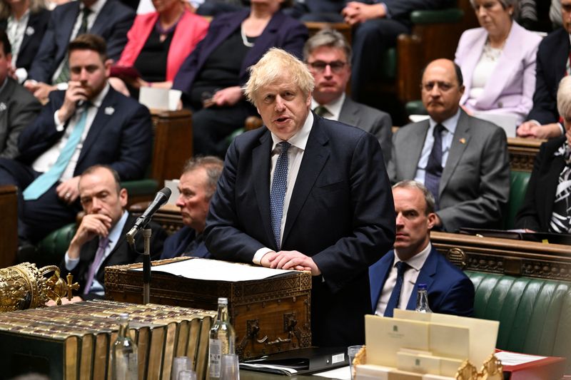 &copy; Reuters. FILE PHOTO: British Prime Minister Boris Johnson speaks during his statement on the Sue Gray Report, at the House of Commons, in London, Britain, May 25, 2022. UK Parliament/Jessica Taylor/Handout via REUTERS