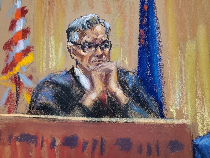 &copy; Reuters. FILE PHOTO: Judge Juan Merchan presides during the Trump Organization's criminal tax trial in Manhattan Criminal Court, New York City, U.S., November 15, 2022 in this courtroom sketch. REUTERS/Jane Rosenberg