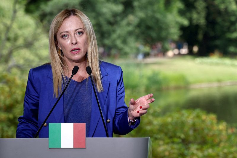 &copy; Reuters. FILE PHOTO: Italian Prime Minister Giorgia Meloni and Polish Prime Minister Mateusz Morawiecki hold a joint press conference in Warsaw, Poland, July 5, 2023, REUTERS/Kacper Pempel/File Photo