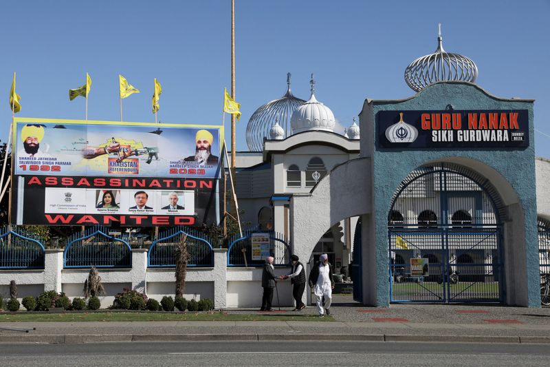 &copy; Reuters. FILE PHOTO: A sign outside the Guru Nanak Sikh Gurdwara temple is seen after the killing on its grounds in June 2023 of Sikh leader Hardeep Singh Nijjar, in Surrey, British Columbia, Canada September 18, 2023.  REUTERS/Chris Helgren/File Photo