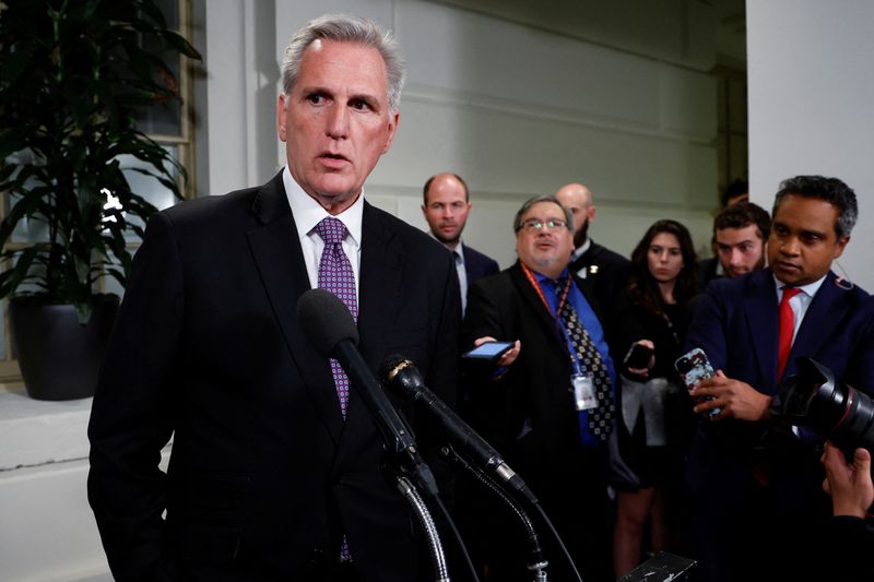 &copy; Reuters. U.S. House Speaker Kevin McCarthy (R-CA) speaks with reporters after a House Republican conference meeting following a series of failed votes on spending packages at the U.S. Capitol ahead of a looming government shutdown in Washington, U.S. September 29,