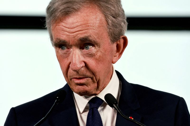 &copy; Reuters. FILE PHOTO: Bernard Arnault, Chairman and Chief Executive Officer of LVMH Moet Hennessy Louis Vuitton, speaks during a press conference to announce a LVMH sponsorship deal for the Paris 2024 Olympic Games at the Grand Palais Ephemere in Paris, France, Jul