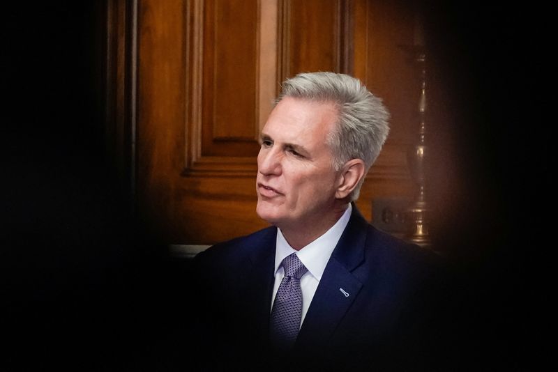 &copy; Reuters. U.S. House Speaker Kevin McCarthy (R-CA) speaks to reporters in the U.S. Capitol after the House of Representatives passed a stopgap government funding bill to avert an immediate government shutdown, on Capitol Hill in Washington, U.S. September 30, 2023.