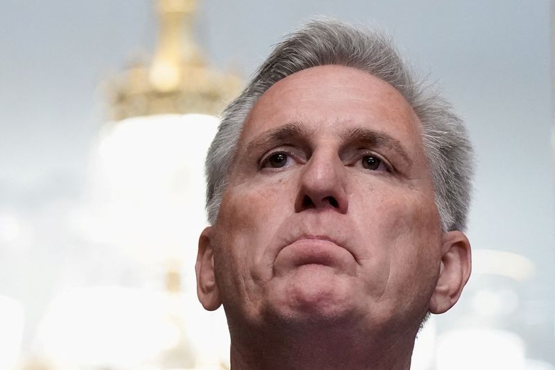 &copy; Reuters. U.S. House Speaker Kevin McCarthy (R-CA) listens to a question as he talks to reporters in the U.S. Capitol after the House of Representatives passed a stopgap government funding bill to avert an immediate government shutdown, on Capitol Hill in Washingto