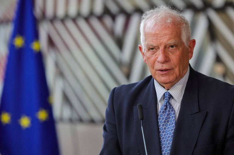 © Reuters. FILE PHOTO: European Union High Representative for Foreign Affairs and Security Policy Josep Borrell speaks to members of the media ahead of a EU-US Energy Council Ministerial Meeting in Brussels , Belgium April 4, 2023. Olivier Matthys/Pool via REUTERS