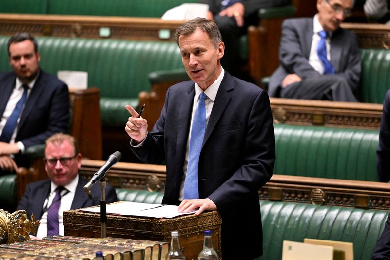 &copy; Reuters. FILE PHOTO: British Chancellor of the Exchequer Jeremy Hunt holds a Ministerial Statement at the House of Commons in London, Britain, June 26, 2023. UK Parliament/Jessica Taylor/Handout via REUTERS/File Photo