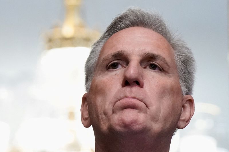 &copy; Reuters. FILE PHOTO: U.S. House Speaker Kevin McCarthy (R-CA) listens to a question as he talks to reporters in the U.S. Capitol after the House of Representatives passed a stopgap government funding bill to avert an immediate government shutdown, on Capitol Hill 