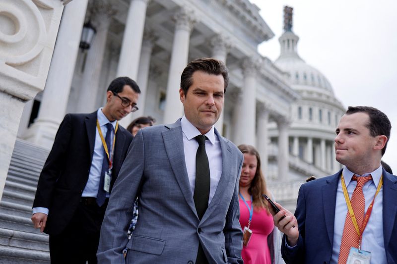 &copy; Reuters. U.S. Representative Matt Gaetz (R-FL) speaks with reporters as he departs after a series of failed votes on spending packages at the U.S. Capitol ahead of a looming government shutdown in Washington, U.S. September 29, 2023.  REUTERS/Jonathan Ernst/ File 