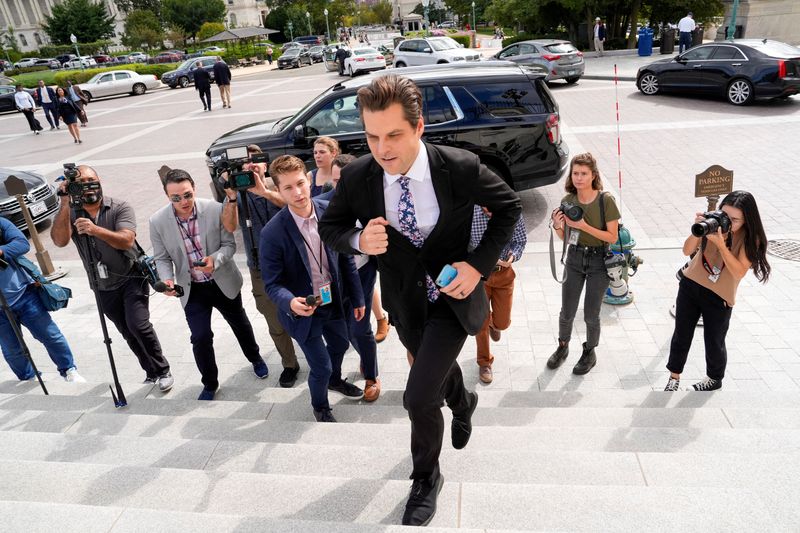 &copy; Reuters. U.S. Representative Matt Gaetz (R-FL) runs up the East Capitol stairs as the deadline to avert a partial government shutdown approaches on Capitol Hill?in?Washington, U.S., September 30, 2023. REUTERS/Ken Cedeno