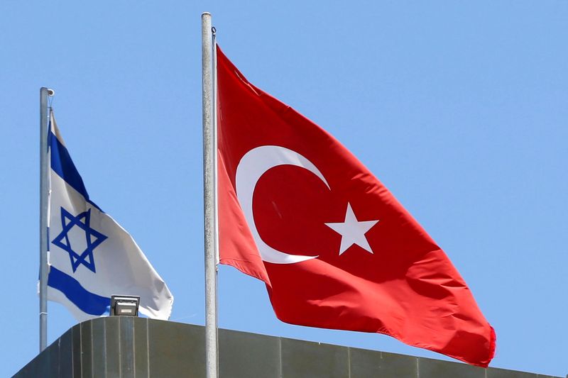 © Reuters. العلم التركي يرفرف فوق السفارة التركية والعلم الإسرائيلي في تل أبيب بصورة من أرشيف رويترز.