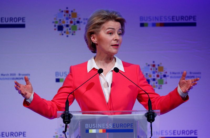 © Reuters. FILE PHOTO: European Commission President Ursula von der Leyen delivers a speech at BusinessEurope conference in Brussels, Belgium March 5, 2020. REUTERS/Francois Lenoir/File Photo