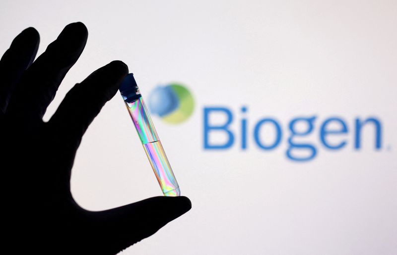 &copy; Reuters. FILE PHOTO: A test tube is seen in front of displayed Biogen logo in this illustration taken, December 1, 2021. REUTERS/Dado Ruvic/Illustration