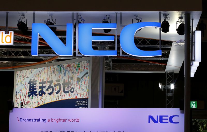 &copy; Reuters. FILE PHOTO: A logo of NEC Corp is pictured at the CEATEC JAPAN 2017 (Combined Exhibition of Advanced Technologies) at the Makuhari Messe in Chiba, Japan, October 2, 2017. REUTERS/Toru Hanai/File Photo