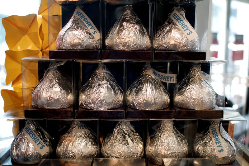 &copy; Reuters. FILE PHOTO: Giant Hershey's Kiss chocolates are seen on display in a shop in New York City, U.S., July 20, 2017. REUTERS/Mike Segar/File Photo