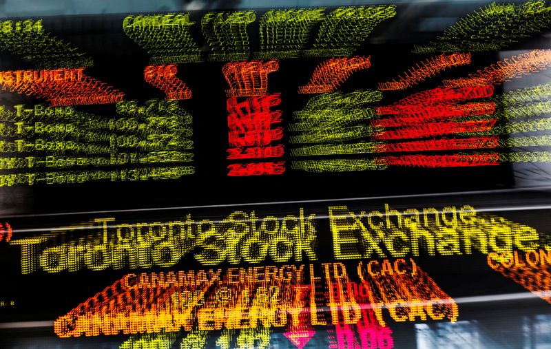 &copy; Reuters. FILE PHOTO: A sign board displaying Toronto Stock Exchange (TSX) stock information is seen in Toronto June 23, 2014. Canada's main stock index was little changed on Monday as weakness in financial and energy shares offset gains in the materials sector.   