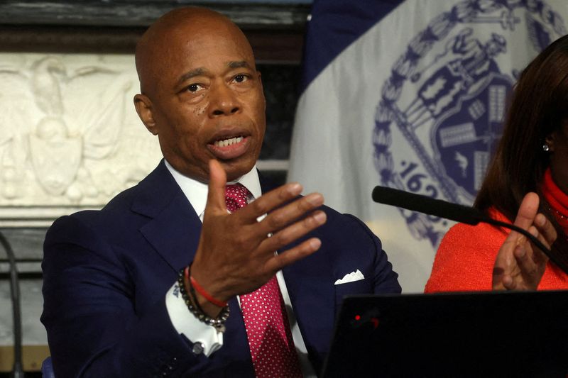 &copy; Reuters. FILE PHOTO: New York City Mayor Eric Adams speaks during a press conference amid an election fundraising controversy at City Hall in Manhattan in New York City, U.S., November 14, 2023. REUTERS/Mike Segar//File Photo