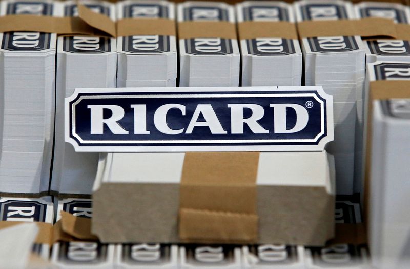 &copy; Reuters. FILE PHOTO: The logo of Ricard is seen on labels at the Ricard manufacturing unit in Lormont, near Bordeaux, France February 15, 2019. REUTERS/Regis Duvignau/File Photo