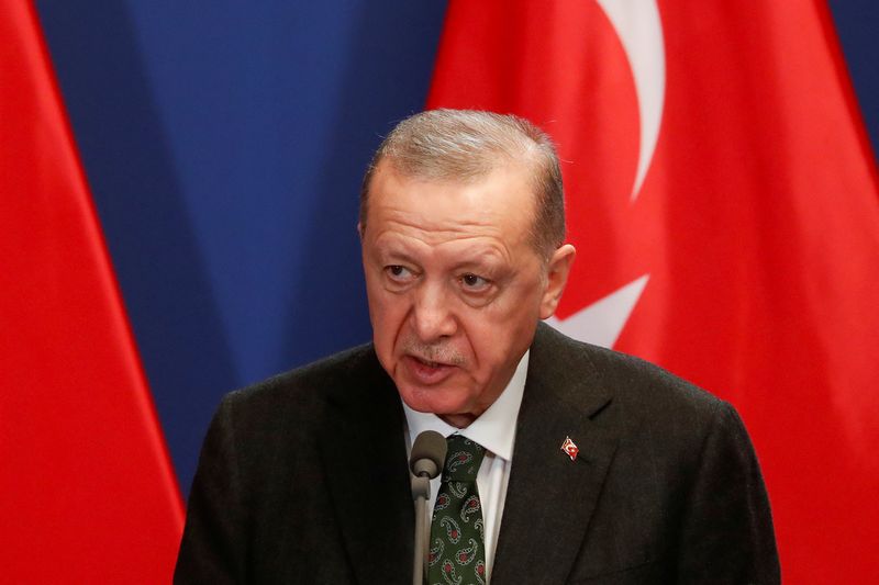 &copy; Reuters. الرئيس التركي رجب طيب أردوغان يلقي كلمة خلال زيارة بودابست يوم 18 ديسمبر كانون الأول 2023. تصوير: برناديت سابو - رويترز.