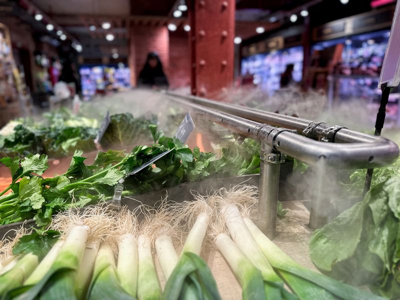 &copy; Reuters. FILE PHOTO: Vegetables for sale are cooled with water spray at a supermarket in Barcelona, Spain February 14, 2024. REUTERS/Nacho Doce/File Photo