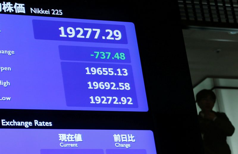 &copy; Reuters. A man is seen behind an electronic board showing the Nikkei average after the New Year opening ceremony at the Tokyo Stock Exchange (TSE), held to wish for the success of Japan's stock market, in Tokyo, Japan, January 4, 2019. REUTERS/Kim Kyung-Hoon/File 