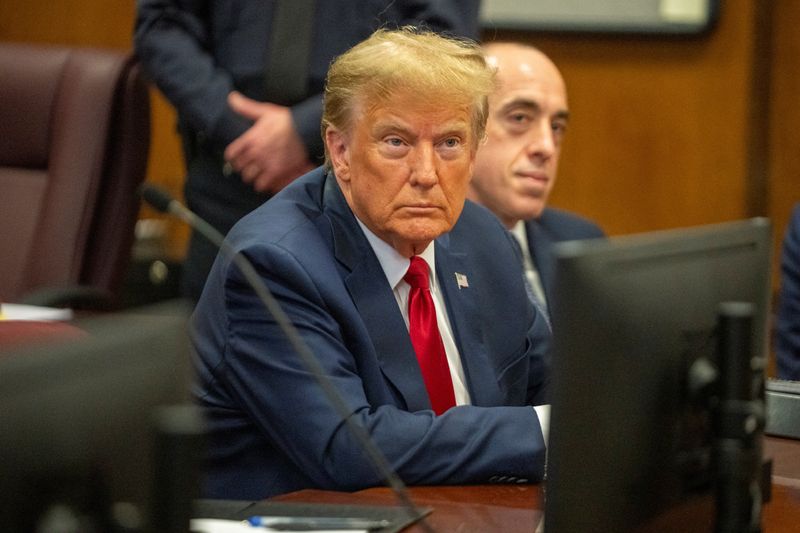 &copy; Reuters. Former U.S. President Donald Trump appears during a court hearing on charges of falsifying business records to cover up a hush money payment to a porn star before the 2016 election, in New York State Supreme Court in the Manhattan borough of New York City