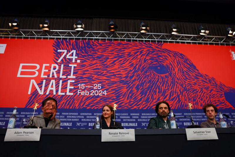 &copy; Reuters. Writer and director Aaron Schimberg and cast members Renate Reinsve, Adam Pearson and Sebastian Stan attend a press conference to promote the movie 'A Different Man' at the 74th Berlinale International Film Festival in Berlin, Germany, February 16, 2024. 