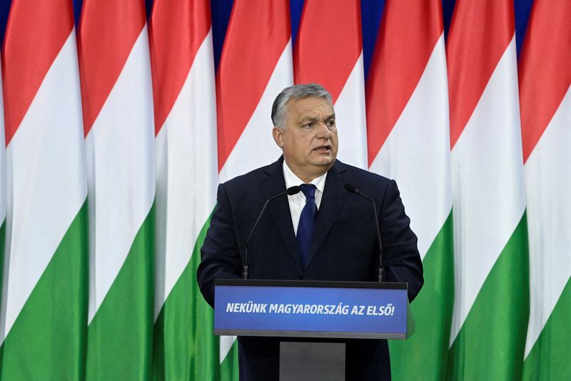 © Reuters. Hungarian Prime Minister Viktor Orban delivers his annual State of the Nation speech, in Budapest, Hungary, February 17, 2024. Szilard Koszticsak/Pool via REUTERS