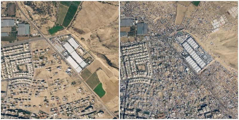 © Reuters. A combination photo shows satellite images of the streets of Rafah before and after the migration of displaced Palestinians to the area, amid the ongoing conflict between Israel and the Palestinian Islamist group Hamas, in Rafah, Gaza, October 15, 2023 (left) and January 14, 2024. Planet Labs PBC/Handout via REUTERS