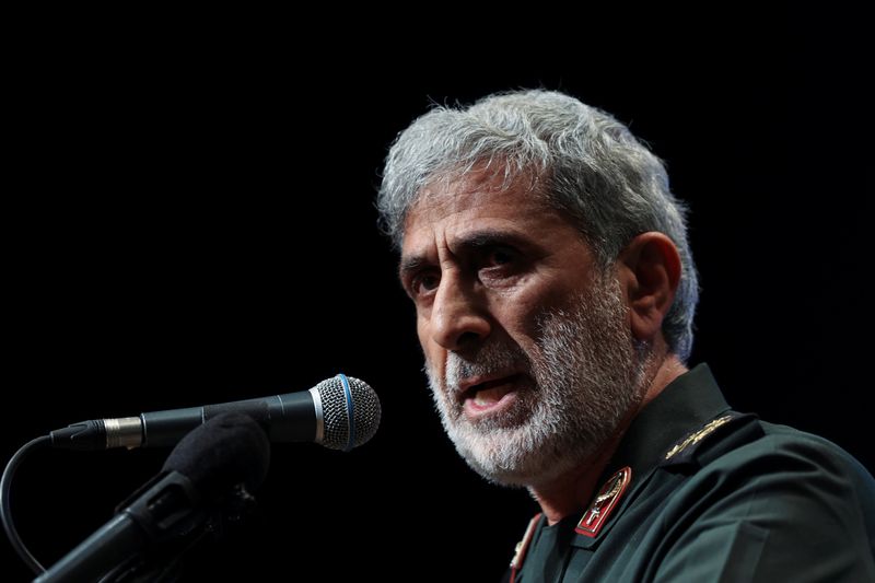 &copy; Reuters. FILE PHOTO: Brigadier General Esmail Qaani, the head of the Revolutionary Guards' Quds Force, speaks during a ceremony marking the anniversary of the death of senior Iranian military commander Mohammad Hejazi, in Tehran, Iran April 14, 2022. Majid Asgarip