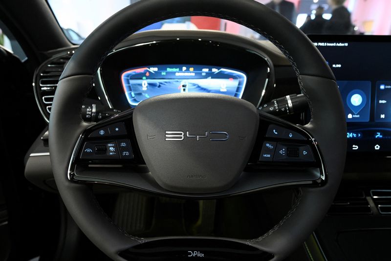 &copy; Reuters. A general view of the steering wheel of a BYD HAN electric vehicle is pictured during a BYD store opening at the car dealership Sternauto in Berlin, Germany January 31, 2024. REUTERS/Annegret Hilse/File Photo