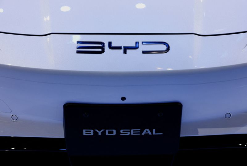 &copy; Reuters. A view of the logo of BYD on the BYD Seal at a press day of the Japan Mobility Show 2023 at Tokyo Big Sight in Tokyo, Japan October 25, 2023.  REUTERS/Issei Kato/file photo