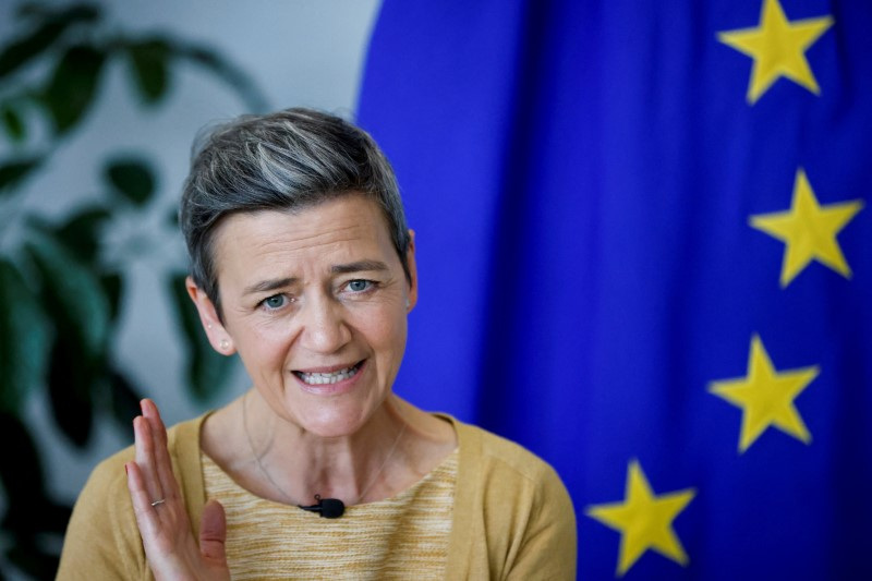&copy; Reuters. FOTO DE ARCHIVO: La vicepresidenta de la Comisión Europea, Margrethe Vestager, durante una entrevista con Reuters en Bruselas, Bélgica. 28 de marzo de 2022. REUTERS/Johanna Geron