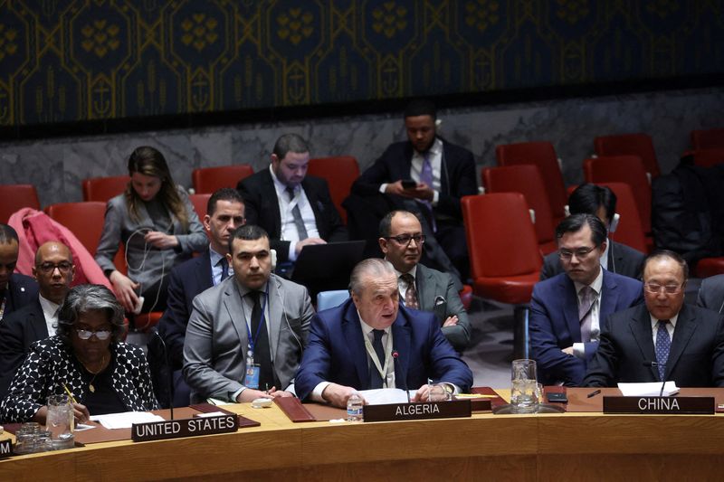 &copy; Reuters. Algeria’s Ambassador to the United Nations Sofiane Mimouni speaks before a vote on a U.N. Security Council resolution to demand an immediate humanitarian ceasefire in Gaza, amid the ongoing conflict between Israel and Hamas, at U.N. headquarters in New 