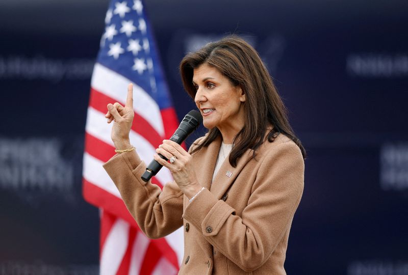 &copy; Reuters. FILE PHOTO: Republican presidential candidate and former U.S. Ambassador to the United Nations Nikki Haley speaks during a campaign visit ahead of the Republican presidential primary election in Camden, South Carolina, U.S. February 19, 2024. REUTERS/Rand