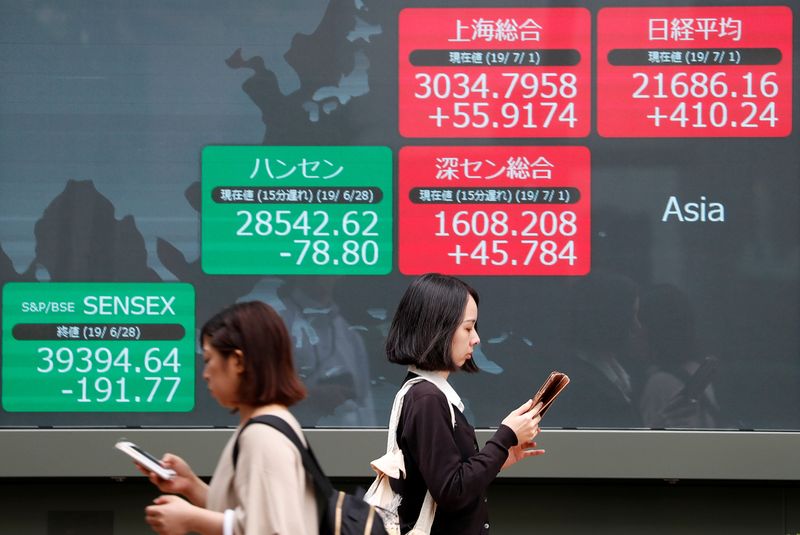 &copy; Reuters. FILE PHOTO: Passerbys walk past an electric screen showing Asian markets indices outside a brokerage in Tokyo, Japan, July 1, 2019.  REUTERS/Issei Kato/File Photo