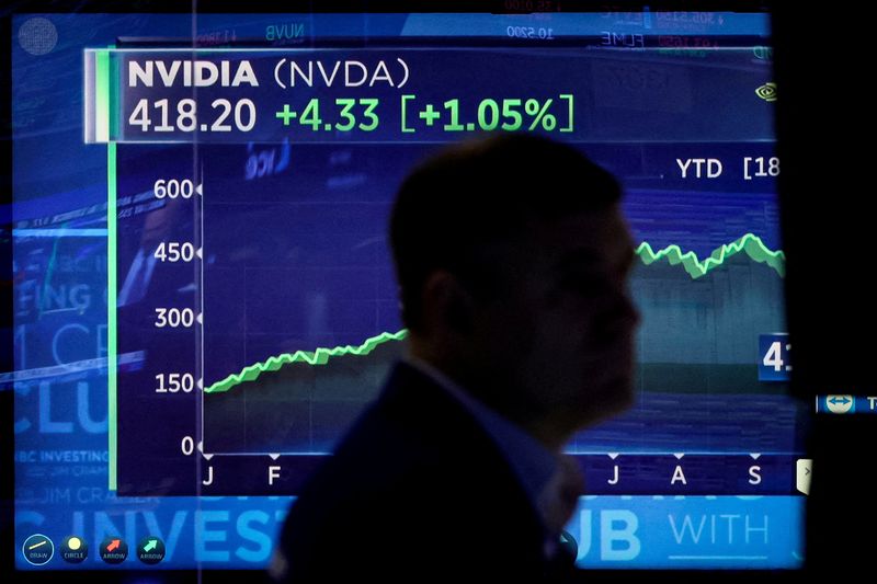 &copy; Reuters. FILE PHOTO: A screen tracks NVIDIA Corp. as a trader works on the floor at the New York Stock Exchange (NYSE) in New York City, U.S., October 23, 2023.  REUTERS/Brendan McDermid/File Photo
