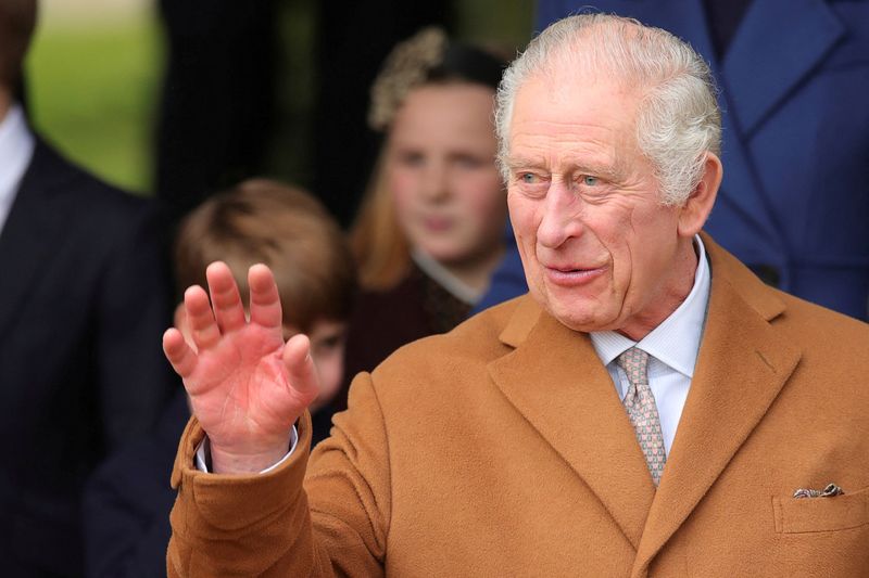 &copy; Reuters. FILE PHOTO: Britain's King Charles attends the Royal Family's Christmas Day service at St. Mary Magdalene's church, as the Royals take residence at the Sandringham estate in eastern England, Britain December 25, 2023. REUTERS/Chris Radburn/File Photo