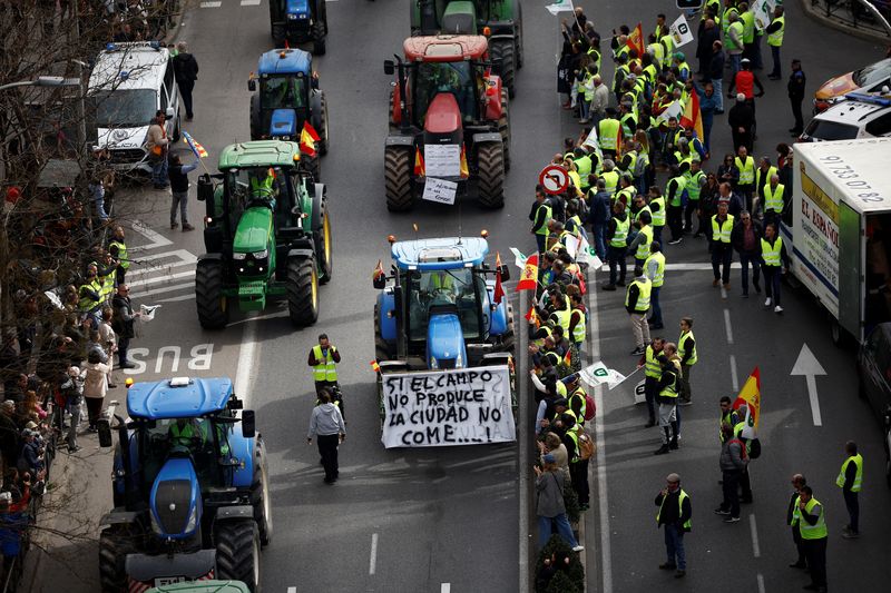 &copy; Reuters. Spanish farmers attend a protest over price pressures, taxes and green regulation, grievances shared by farmers across Europe, in Madrid, Spain, February 21, 2024. REUTERS/Juan Medina