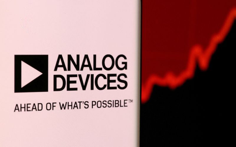 &copy; Reuters. FILE PHOTO: Analog Devices' logo is pictured on a smartphone in front of the stock graph displayed in this illustration taken, December 4, 2021. REUTERS/Dado Ruvic/Illustration/File Photo