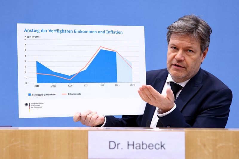 &copy; Reuters. وزير الاقتصاد الألماني روبرت هابيك يقدم التقرير الاقتصادي السنوي لعام 2024 في برلين يوم الأربعاء. تصوير: ليزا يوهانسن - رويترز.