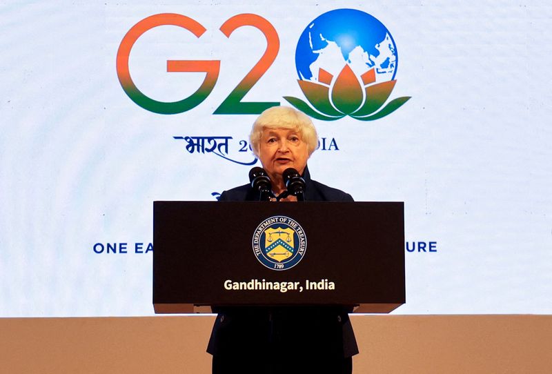 © Reuters. Secretária do Tesouro dos Estados Unidos, Janet Yellen, durante conferência do G20 em Gandhinagar, Índia
16/07/2023
REUTERS/Amit Dave